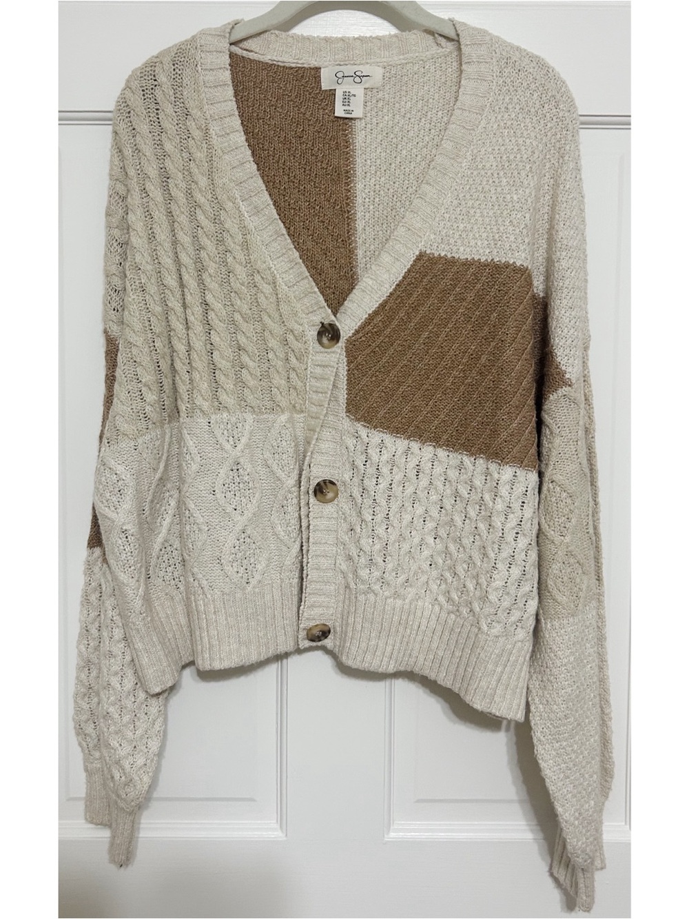 Jessica Simpson Colorblock Cable Knit Cardigan in Cream and Brown